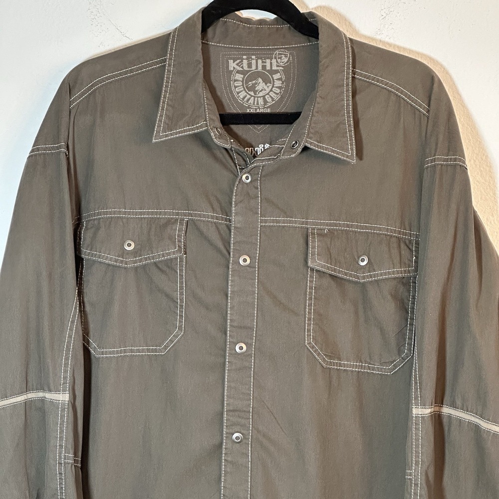 Kuhl Snap Button Olive Green Shirt Men's XXL, Long Sleeve Outdoor Cotton/Nylon